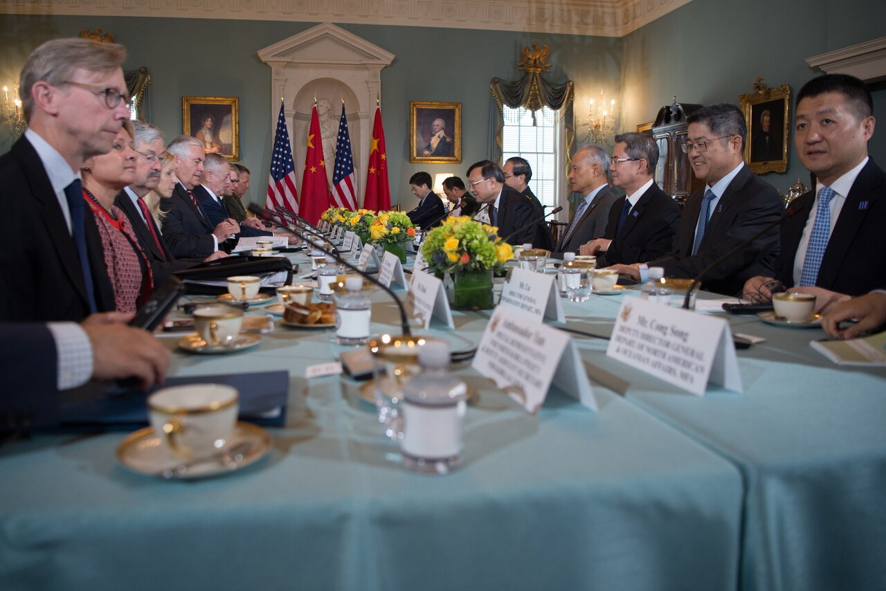 Secretary of State Rex Tillerson and Defense Secretary Jim Mattis host Chinese State Councilor Yang Jiechi and Gen. Fang Fenghui, chief of the Chinese joint staff department, along with members of the U.S. delegation and their Chinese colleagues during a U.S.–China diplomatic and security dialog at the U.S. State Department, Washington, D.C., June 21, 2017. DoD photo by Army Sgt. Amber I. Smith
