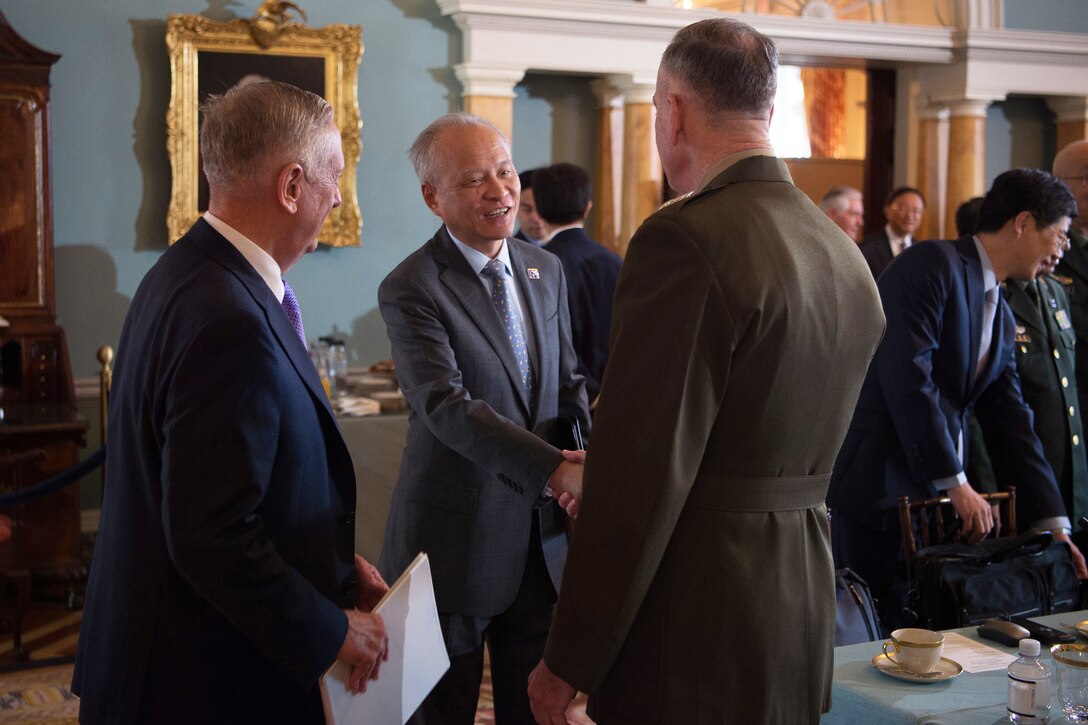 Defense Secretary Jim Mattis and Marine Corps Gen. Joe Dunford, chairman of the Joint Chiefs of Staff, speak with Chinese ambassador to the U.S. Cui Tiankai before the U.S. -China Diplomatic and Security Dialogue at the State Department in Washington, D.C., June 21, 2017. DoD photo by Army Sgt. Amber I. Smith