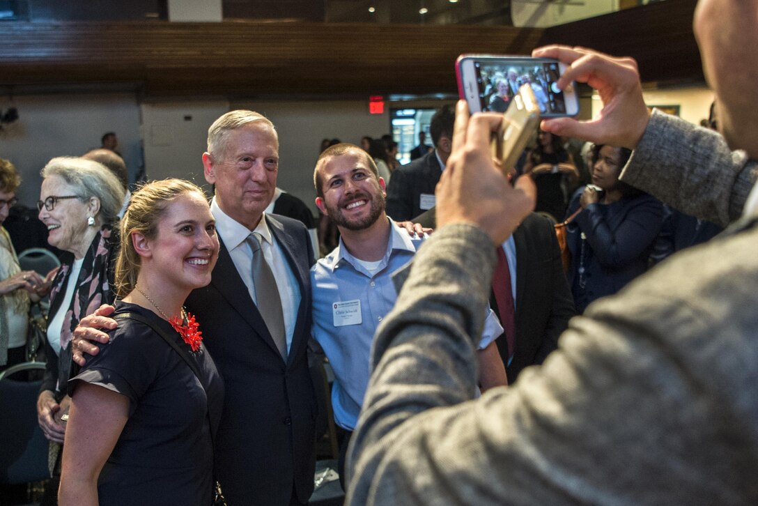 Defense Secretary Jim Mattis poses for a photo following an award ceremony at the National Press Club in Washington, D.C., June 20, 2017. He received the 2017 Excellence in Public Service Award from Ohio State University's John Glenn College of Public Affairs. DoD photo by Army Sgt. Amber I. Smith