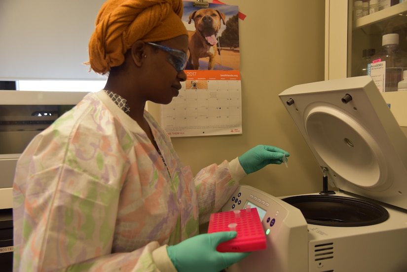 Bintu Sowe, an associate scientist at the U.S. Army Center for Environmental Health Research at Fort Detrick, Md., processes samples from the bone healing experiment that was aboard the International Space Station, June 20, 2017. The samples were delivered back to Earth by SpaceX's Dragon cargo craft in March. Army photo by Crystal Maynard