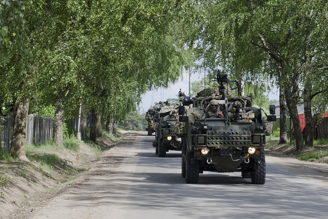 British soldiers assigned to Enhanced Forward Presence Battle Group Poland arrive in Rukla, Lithuania, after a two-day tactical road march across Eastern Europe as part of Saber Strike 17, June 18, 2017. Army photo by Sgt. Justin Geiger