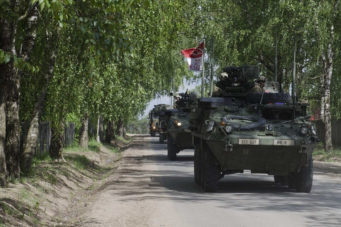 The U.S.-led Enhanced Forward Presence Battle Group Poland arrives in Rukla, Lithuania, after a two-day tactical road march across Eastern Europe as part of Saber Strike 17, June 18, 2017. The Poland-based battle group conducted the convoy portion of the field training exercise to demonstrate their ability to execute a forward passage of lines across the only land connection between the Baltic states of Estonia, Latvia and Lithuania, which is known as the Suwalki Gap. Army photo by Sgt. Justin Geiger