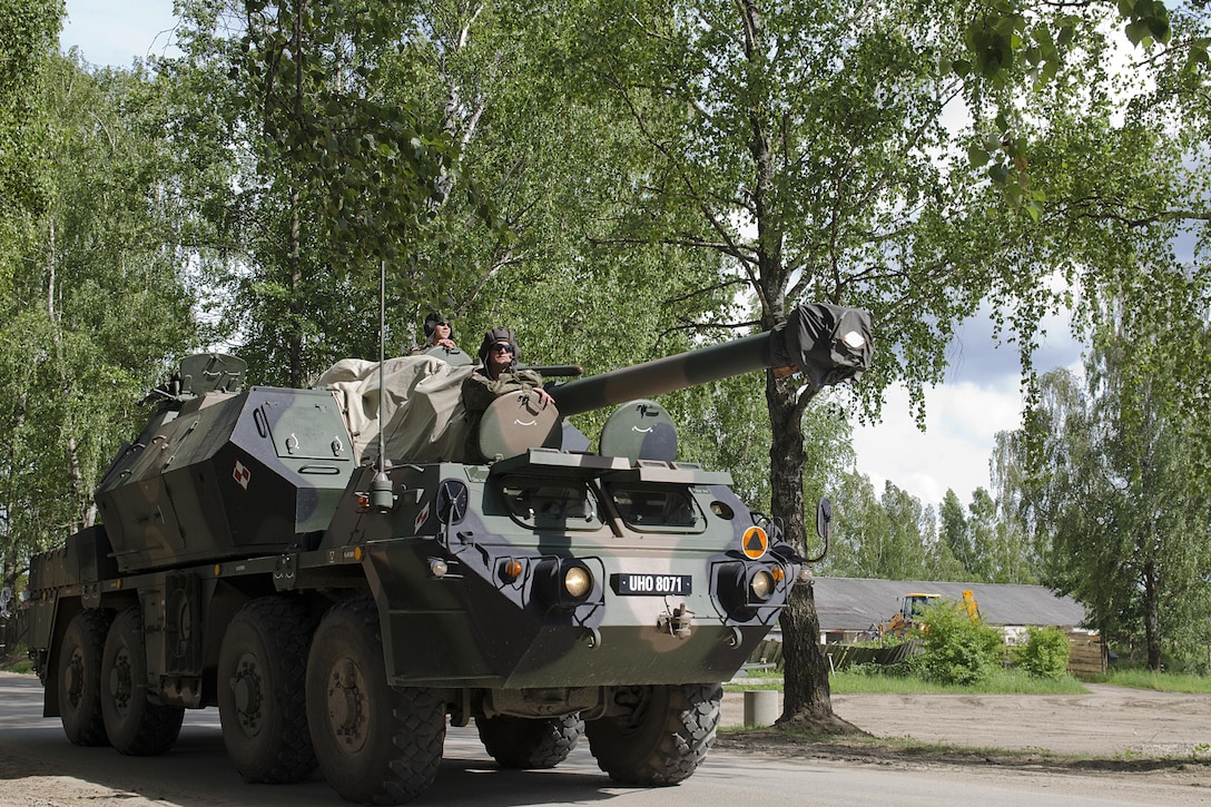 Polish soldiers assigned to the 15th Mechanized Brigade and attached to Enhanced Forward Presence Battle Group Poland, arrive in Rukla, Lithuania, after a two-day tactical road march across Eastern Europe as part of Saber Strike 17, June 18, 2017. Army photo by Sgt. Justin Geiger