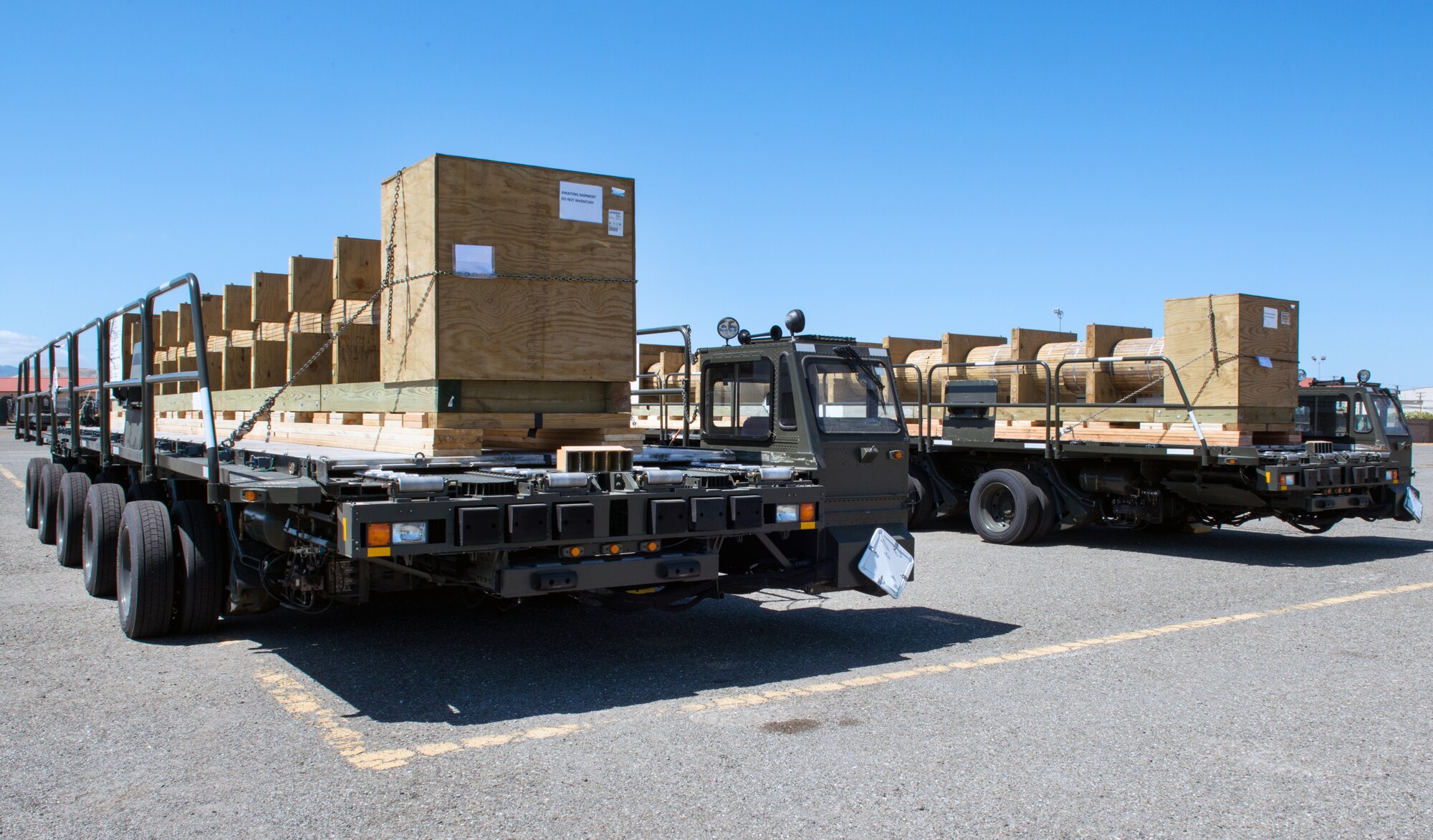 U.S. Navy propulsion shafts are staged and prepped for shipping to the Pacific theater in a C-5M Super Galaxy at Travis Air Force Base, Calif., May 25, 2017. The equipment was shipped to the Pacific to allow repairs to ships forward deployed there. (U.S. Air Force photo by Louis Briscese)