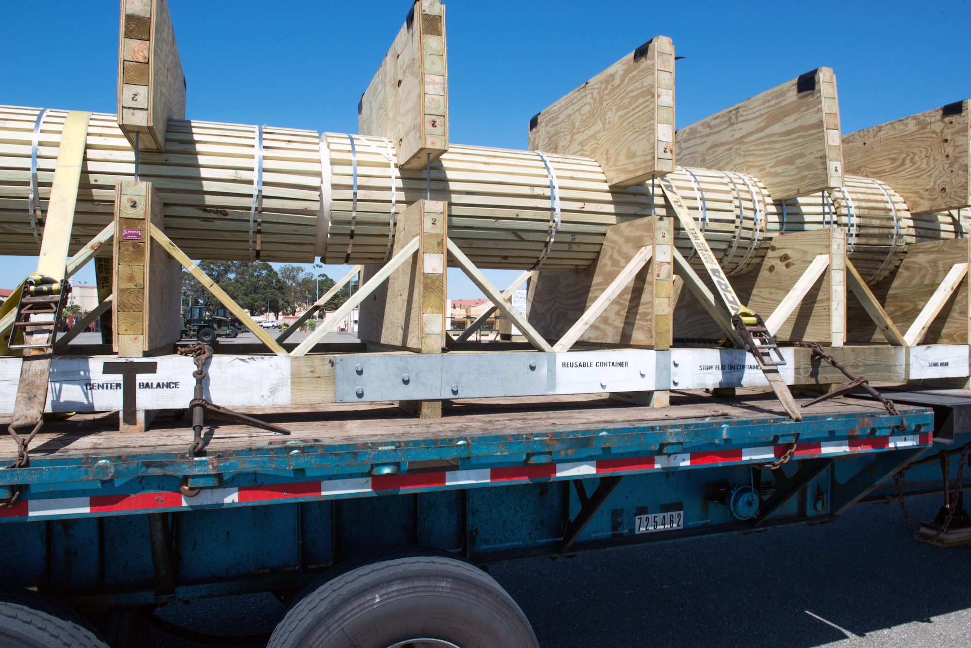 U.S. Navy propulsion shafts are staged and prepped for shipping to the Pacific theater in a C-5M Super Galaxy at Travis Air Force Base, Calif., May 25, 2017. The equipment was shipped to the Pacific to allow repairs to ships forward deployed there. (U.S. Air Force photo by Louis Briscese)