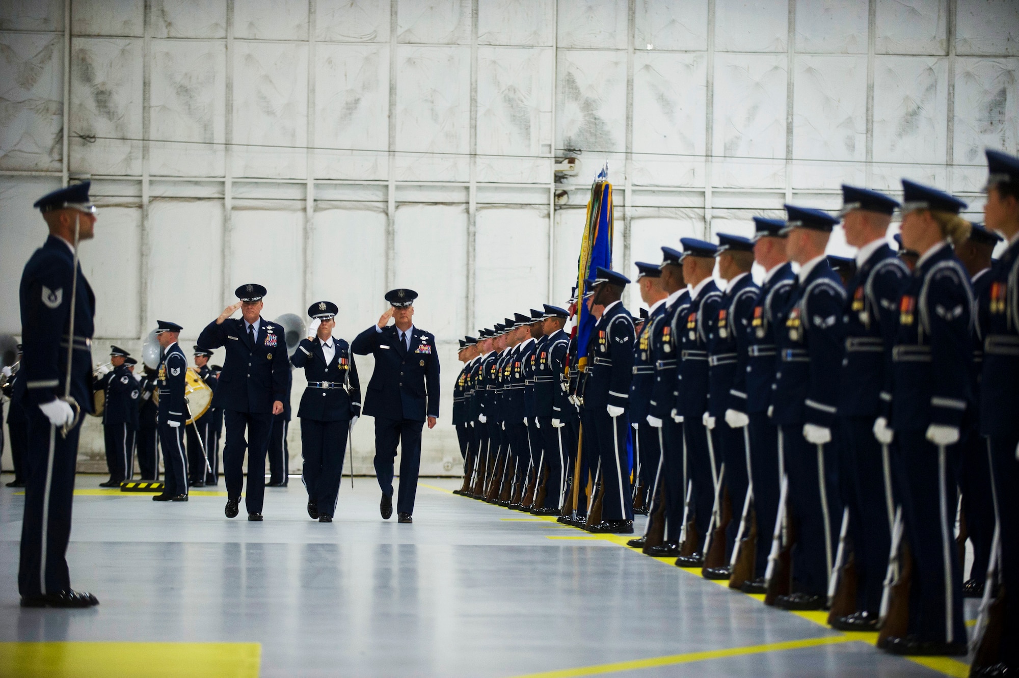 Maj. Gen. Darryl Burke and Maj. Gen. James Jacobson inspect the troops during the Air Force Dostrict of Washington Change of Command ceremony on Joint Base Andrews, Md. June 20, 2017. Air Force Vice Chief of Staff Gen. Stephen Wilson presided over the ceremony where Burke relinquished command to Jacobson.  (Photo by Senior Master Sgt. Adrian Cadiz)(Released)