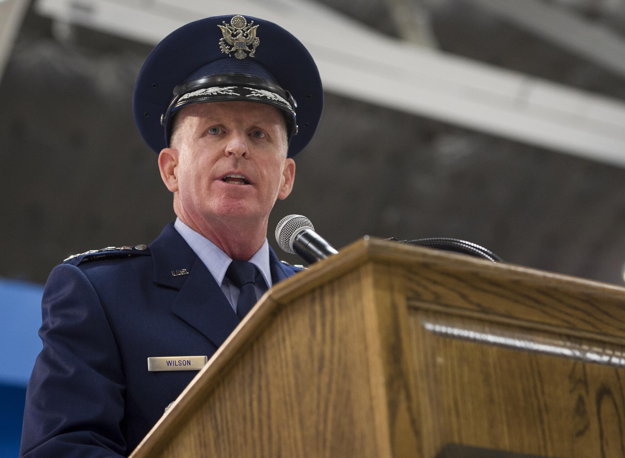 Air Force Vice Chief of Staff Gen. Stephen Wilson gives his remarks during the retirement ceremony for Maj. Gen. Darryl Burke on Joint Base Andrews, Md. June 20, 2017. Wilson concurrently presided over the Air Force District of Washington Change of Command where Burke relinquished command to Maj. Gen. James Jacobson. (U.S. Air Force photo/Jim Varhegyi)(released)