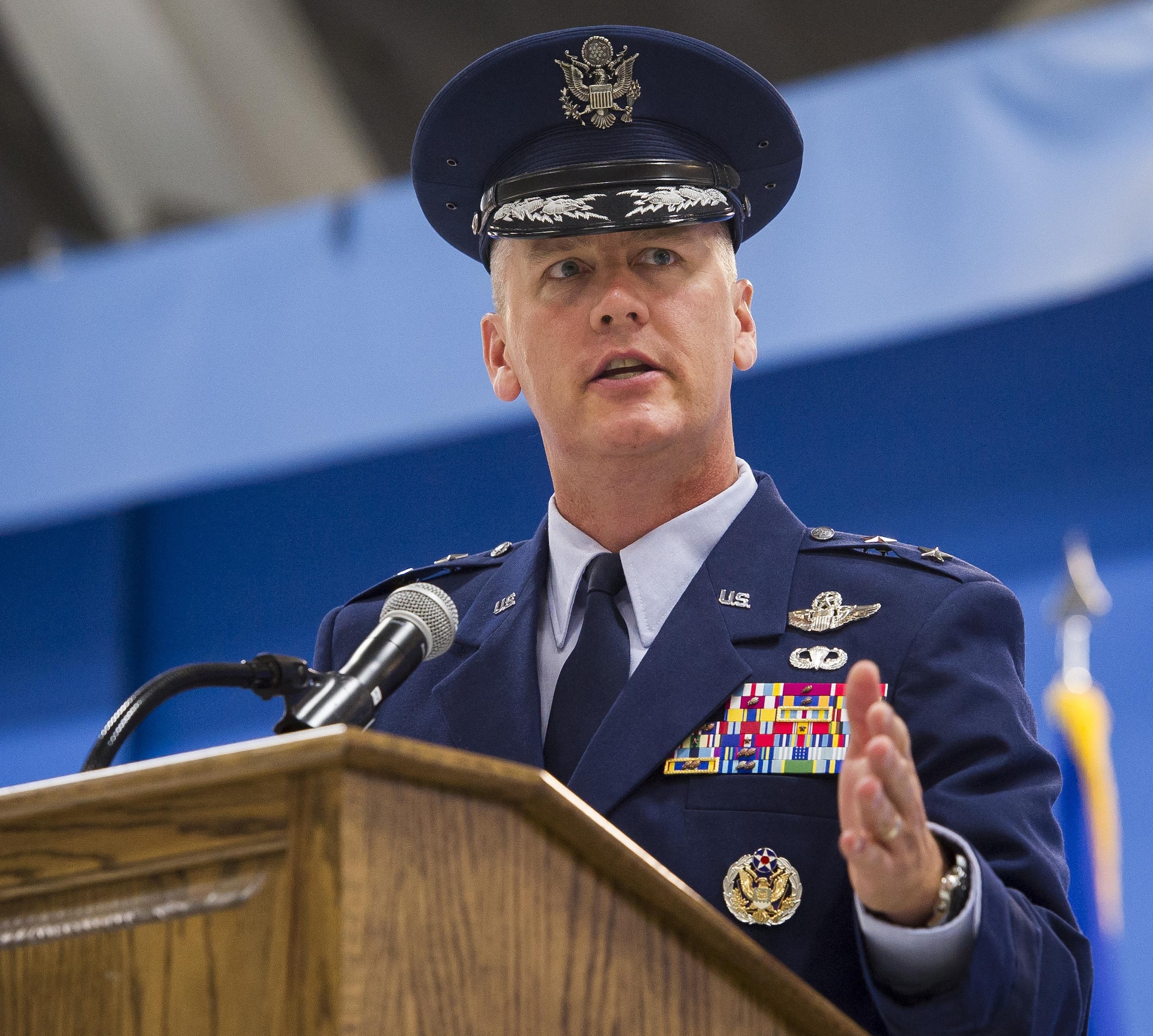 Maj. Gen. James Jacobson gives his remarks after assuming  command of the Air Force District of Washington during a ceremony on Joint Base Andrews, Md. June 20, 2017. Air Force Vice Chief of Staff Gen. Stephen Wilson presided over the ceremony where Maj. Gen. Darryl Burke relinquished command to Jacobson.(U.S. Air Force photo/Jim Varhegyi)(released)