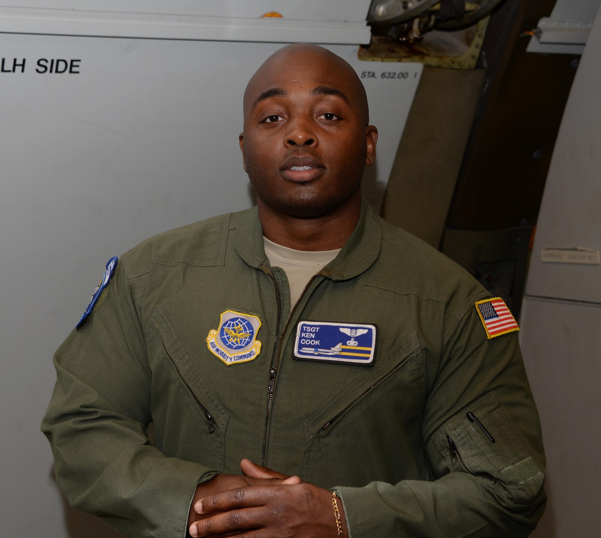 Tech. Sgt. Kenneth Cook, 6th Air Refueling Squadron, poses for a photo inside a KC-10 Extender at Travis Air Force Base, Calif., June 17, 2017, prior to the start of loading operations. Cook oversaw the loading of the more than 15,000 pounds of cargo prior to a flight to Joint Base Pearl Harbor-Hickam, Hawaii. (U.S. Air Force photo by Tech. Sgt. James Hodgman)