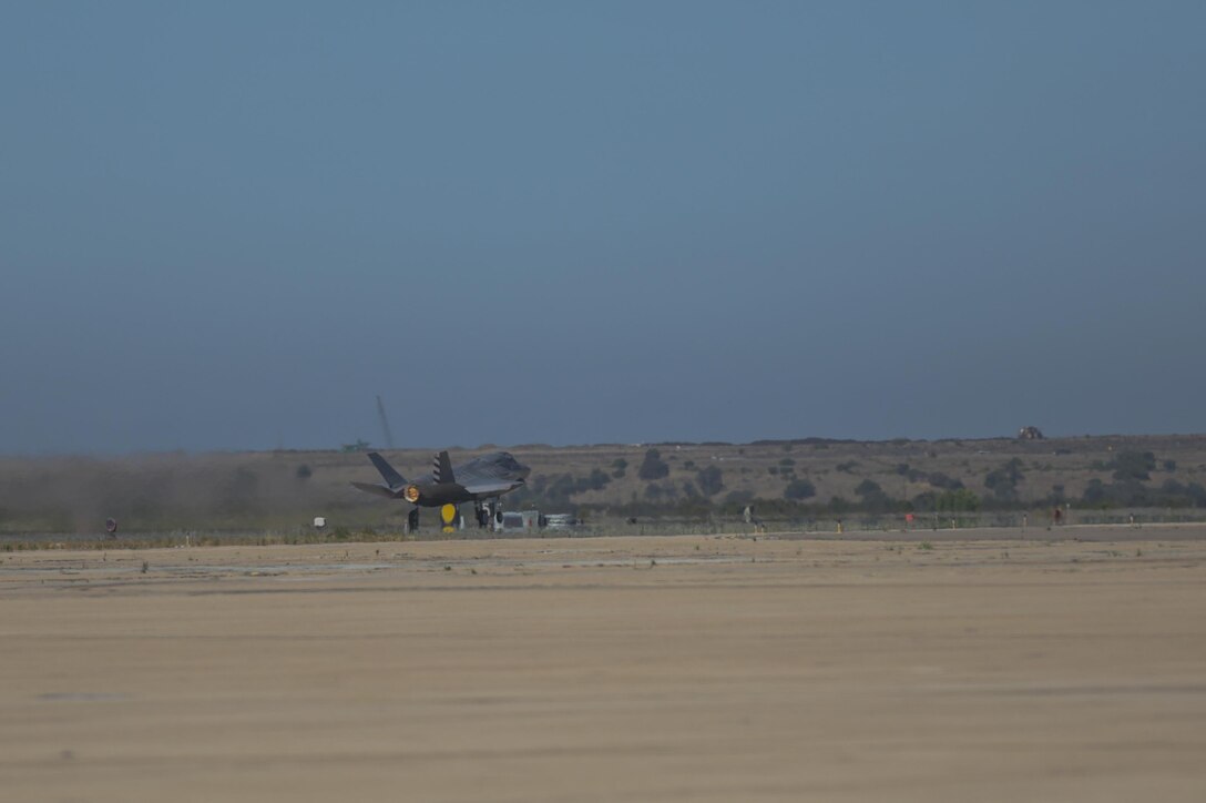 An F-35B Lightning II with Marine Fighter Attack Squadron 211 takes off during the Marine Division Tactics Course at Marine Corps Air Station Miramar, Calif., June 16. This course gives pilots air-to-air combat experience and the tools to train Marines in their squadrons on the latest tactics. (U.S. Marine Corps photo by Sgt. Kimberlyn Adams/Released)