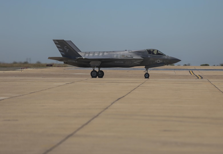 An F-35B Lightning II with Marine Fighter Attack Squadron 211 taxis to the runway during the Marine Division Tactics Course at Marine Corps Air Station Miramar, Calif., June 16. This course gives pilots air-to-air combat experience and the tools to train Marines in their squadrons on the latest tactics. (U.S. Marine Corps photo by Sgt. Kimberlyn Adams/Released)