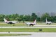 The U.S. Air Force air demonstration squadron “Thunderbirds” taxi in after landing at the Dayton International Airport in Vandalia, Ohio, June 19, 2017. The squadron will be performing for crowds at the Vectren Dayton Air Show later in the week. (U.S. Air Force photo by Wesley Farnsworth)
