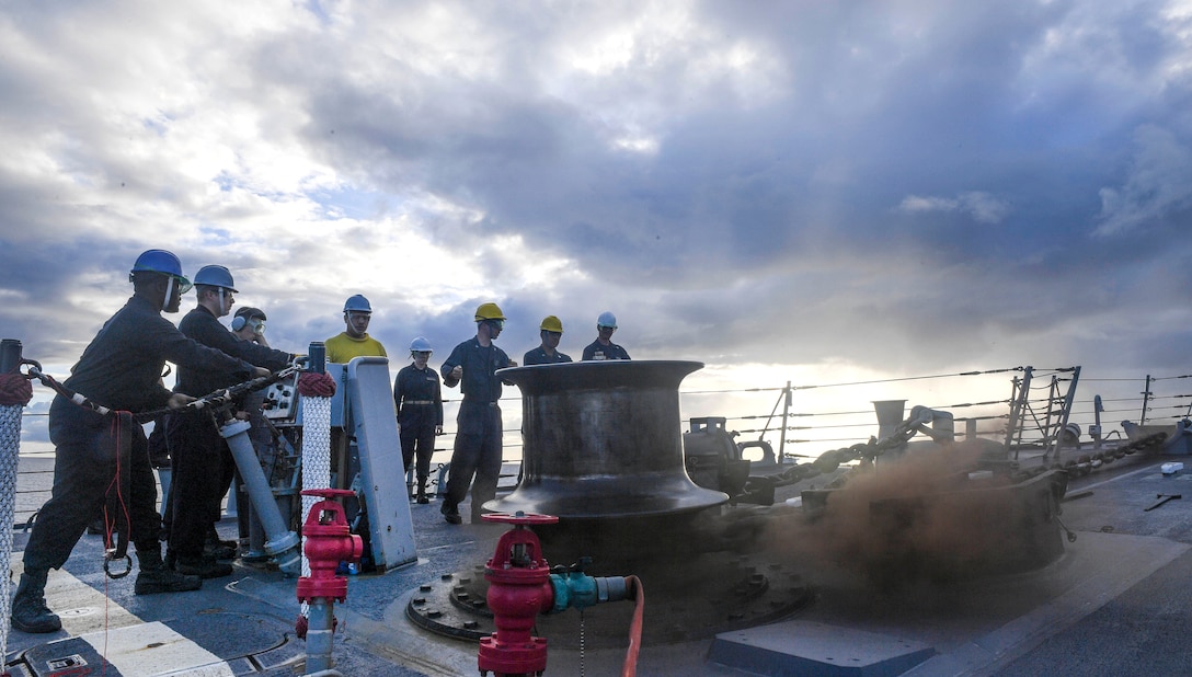 Sailors lower the anchor chain during an anchor drop test aboard the guided missile destroyer USS Wayne E. Meyer in the Western Pacific Ocean, June 11, 2017. Navy photo by Petty Officer 3rd Class Kelsey L. Adams