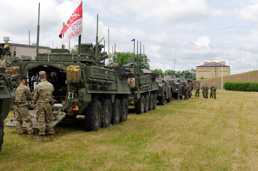 Members of the U.S.-led multinational Battle Group Poland stage their vehicles in Suwalki, Poland, during a two-day tactical road march to Lithuania as part of Saber Strike 17, June 17, 2017. Army photo by Capt. John W. Strickland