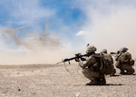 Marines with Bravo Battery, 1st Battalion, 10th Marine Regiment, 2nd Marine Division provide security during CH-53 day-battle drill in support of Weapons and Tactics Instructors course 2-17 at Fire Base Burt, California, April 8, 2017 (U.S. Marine Corps/Clare J. Shaffer)