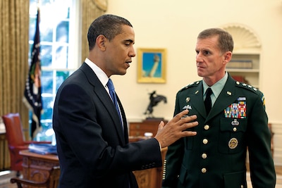 On May 19, 2009, President Barack Obama met with new U.S. Commander for Afghanistan Lieutenant General Stanley A. McChrystal in Oval Office (White House/Pete Souza)