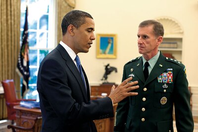 On May 19, 2009, President Barack Obama met with new U.S. Commander for Afghanistan Lieutenant General Stanley A. McChrystal in Oval Office (White House/Pete Souza)