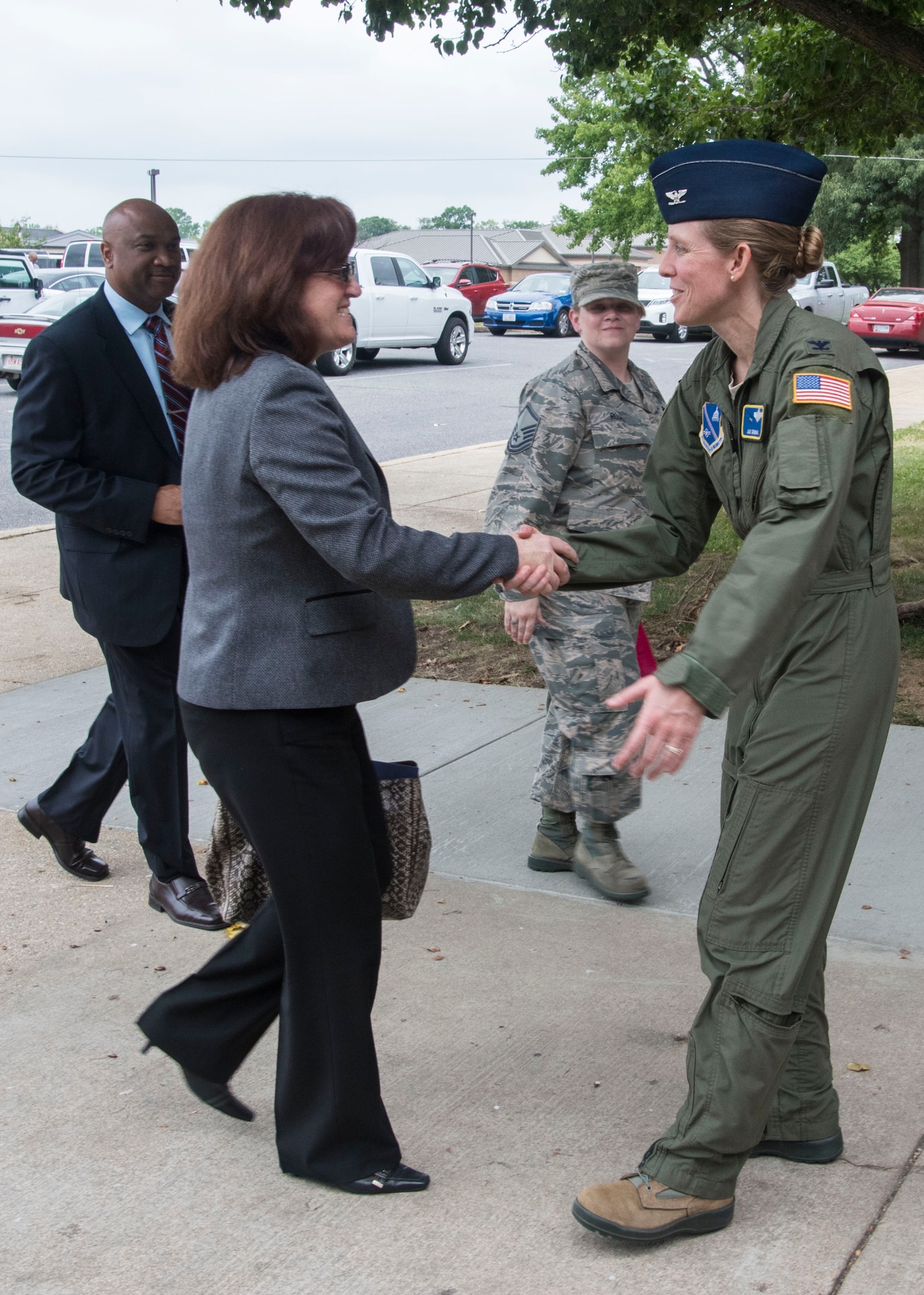 Col. Julie Grundahl, right, 11th Wing vice commander, greets Christy Nolta, left, Air Force Staff deputy director, prior to a Civilian “Brown Bag” Mentoring event at Joint Base Andrews, Md., June 16, 2017. Nolta is a member of the Air Force Senior Executive Service and supports the Assistant Vice Chief of Staff and Director of the Air Force Staff by providing advice and help on numerous aspects of Air Force policies, plans and programs. (U.S. Air Force photo by Senior Airman Jordyn Fetter)