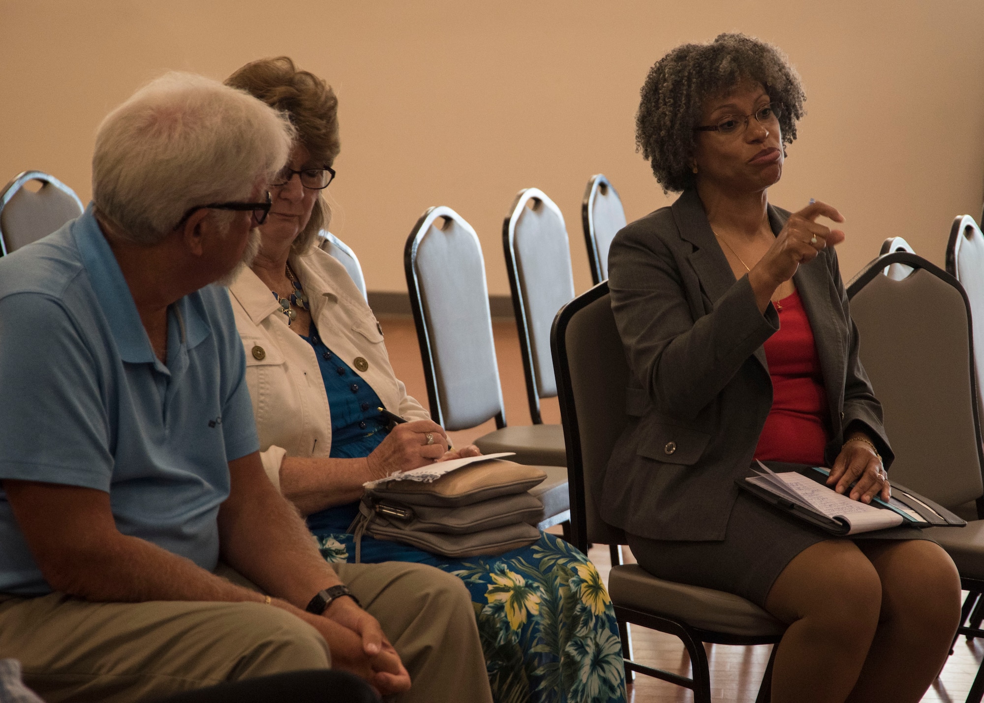 Rosario Caruth, right, 11th Force Support Squadron manpower and personnel chief, asks a question during a Civilian “Brown Bag” Mentoring event at Joint Base Andrews, Md., June 16, 2017. A group of Air Force civilian employees attended the event to interact with Christy Nolta, Air Force Staff deputy director, and hear about her career experiences. (U.S. Air Force photo by Senior Airman Jordyn Fetter)