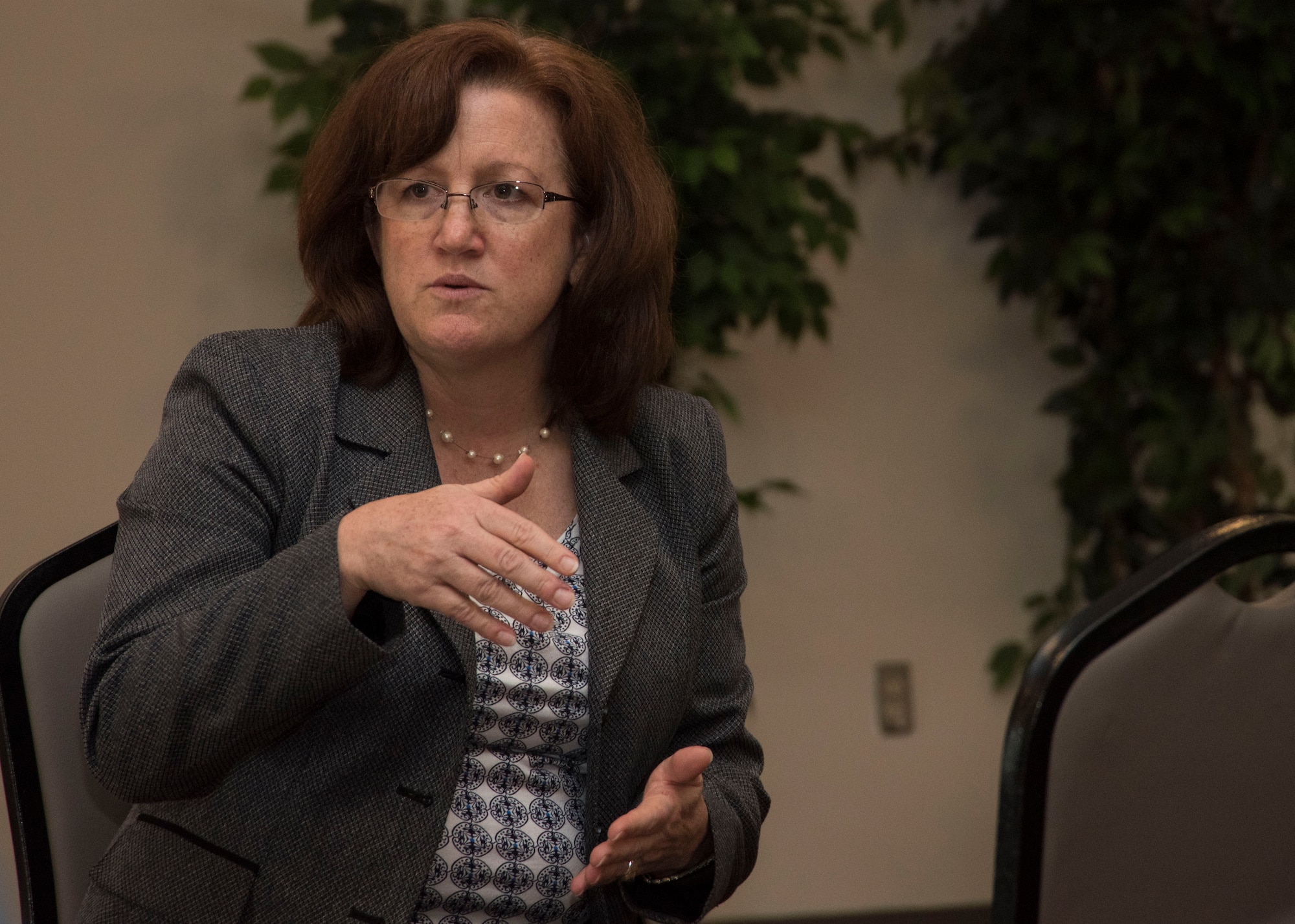 Christy Nolta, Air Force Staff deputy director, speaks to a group of Air Force civilian employees during a Civilian “Brown Bag” Mentoring event at Joint Base Andrews, Md., June 16, 2017. The quarterly event began in February 2016 to provide additional mentorship and guidance to Air Force civilian employees. (U.S. Air Force photo by Senior Airman Jordyn Fetter)