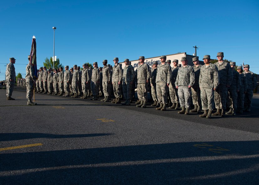 Fairchild Air Force Base Airmen stand in formation while preparing to march in the annual Lilac Festival Armed Forces Torchlight Parade May 20, 2017, Spokane, Washington. The parade is the highlight of the Spokane's annual Lilac Festival, the one of the nation's largest military appreciation events.
(U.S. Air Force photo / Airman 1st Class Ryan Lackey)