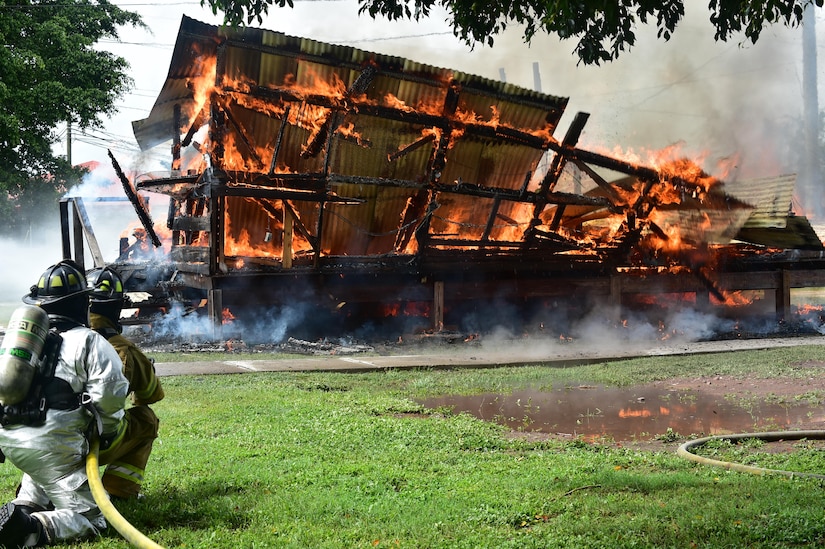 Firefighters from the 612th Air Base Squadron Fire Department, Joint Task Force-Bravo, conducts a live fire training June 16, 2017 on Soto Cano Air Base, to practice their skills and provide awareness to the base population. 