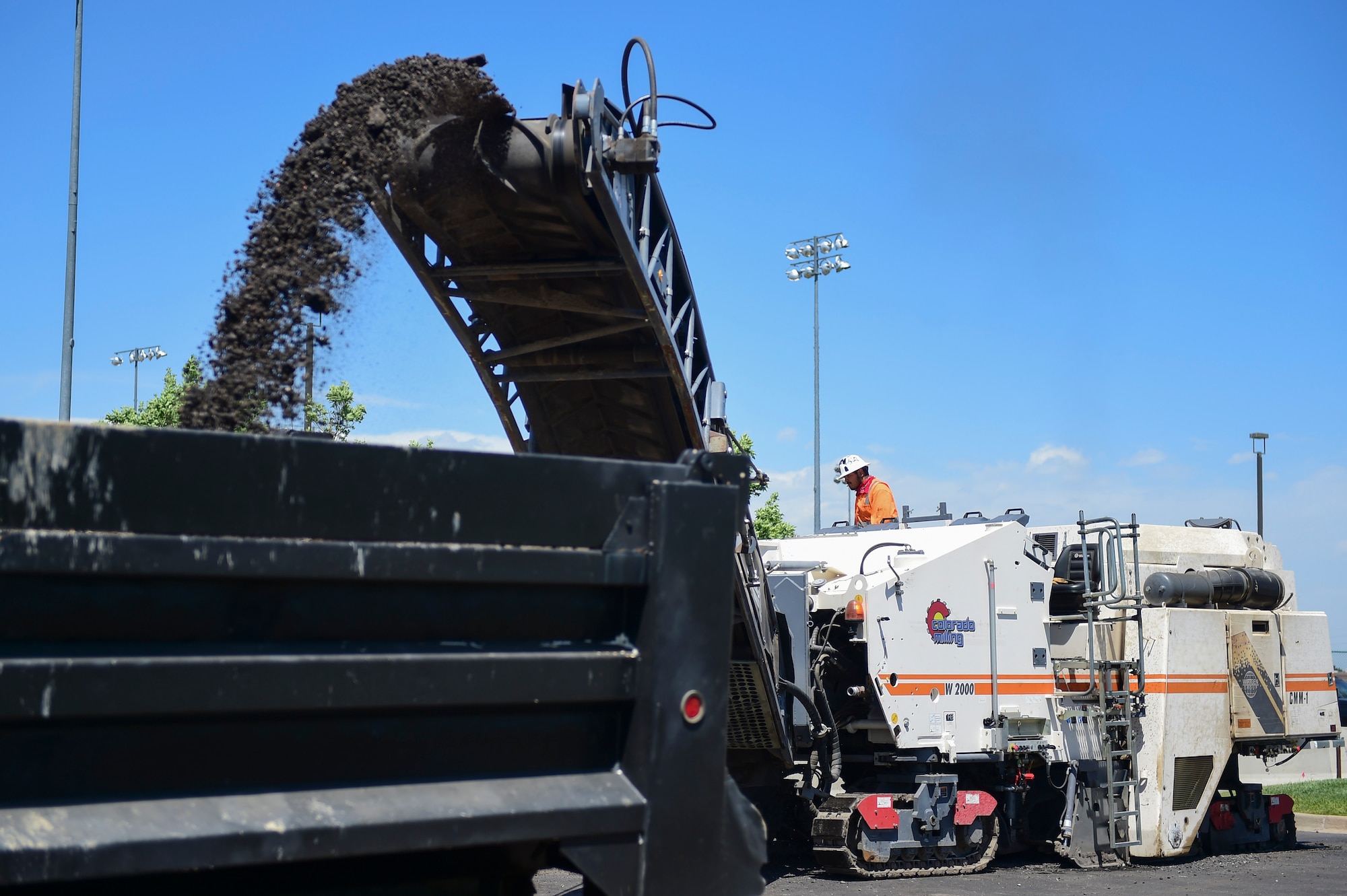 Contractors from Mirador-Nasco begin reconstruction of the 6th Avenue Gate June 13, 2017, on Buckley Air Force Base, Colo. The project is expected to help with traffic calming and address anti-terrorism force protection concerns. (U.S. Air Force photo by Airman Jacob Deatherage/Released)