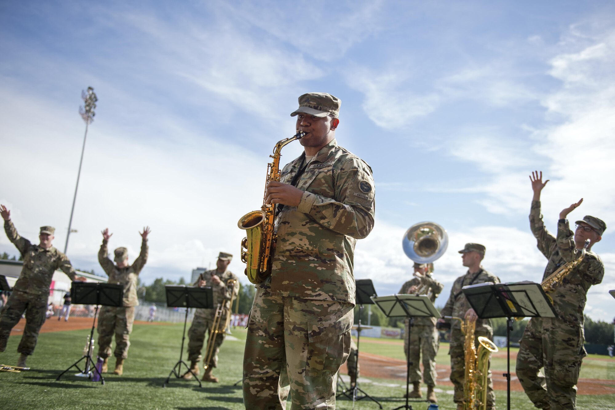 U.S. Army Alaska’s 9th Army Band serenades Anchorage-area baseball fans at Mulcahy Stadium in Anchorage, Alaska, June 16, 2017. The Anchorage Bucs faced off against the Peninsula Oilers for a doubleheader as part of a military appreciation event. 
