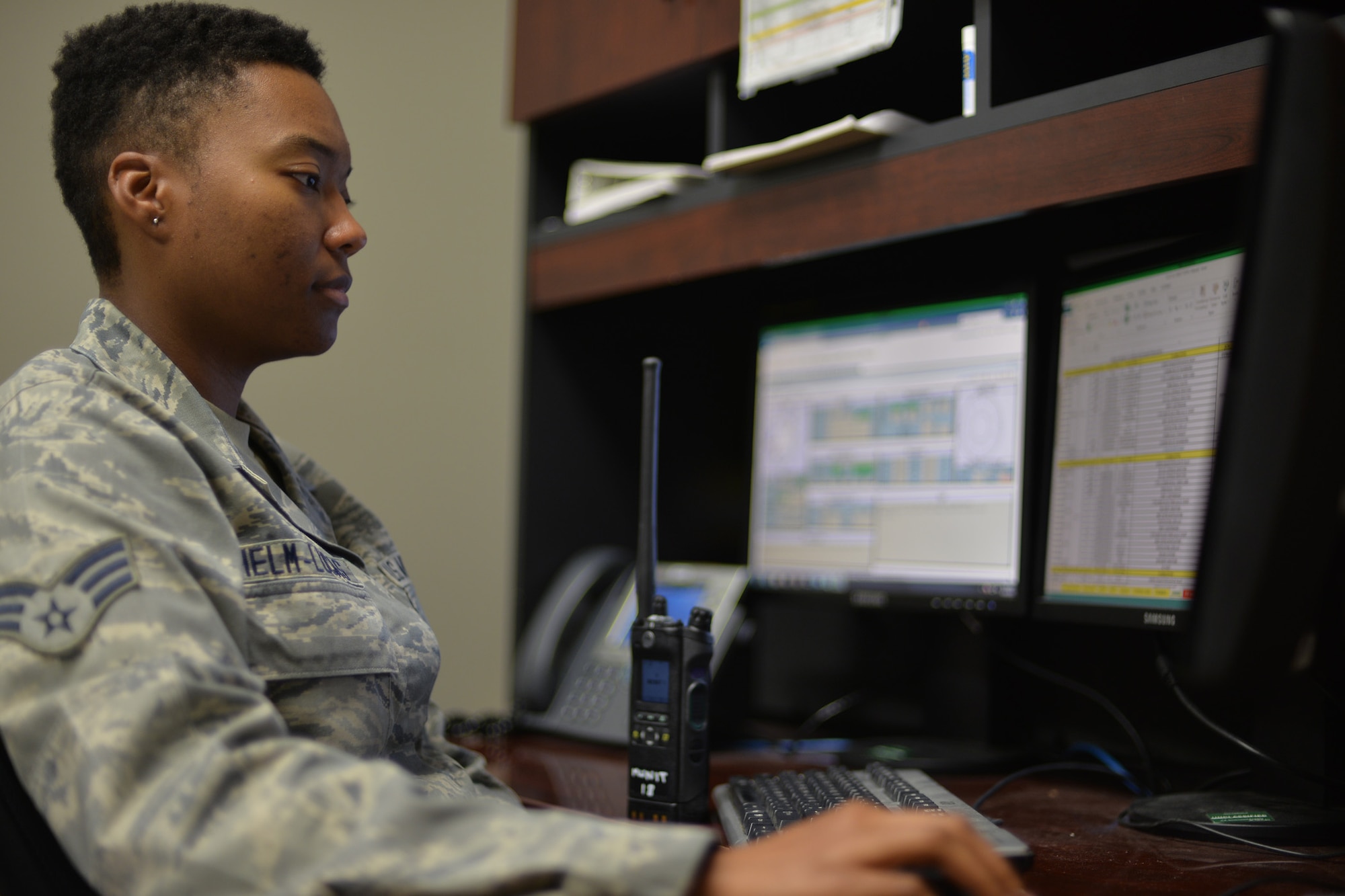Senior Airman Jasmine Helm-Lucas, 341st Munitions Squadron munitions controller, logs information on spreadsheets June 19, 2017, at Malmstrom Air Force Base, Mont. Tight security is in place due to the nature of the nuclear deterrence mission at Malmstrom and every movement and piece of maintenance conducted on reentry systems and vehicles is logged on a spreadsheet for accountability. (U.S. Air Force photo/Airman 1st Class Daniel Brosam)