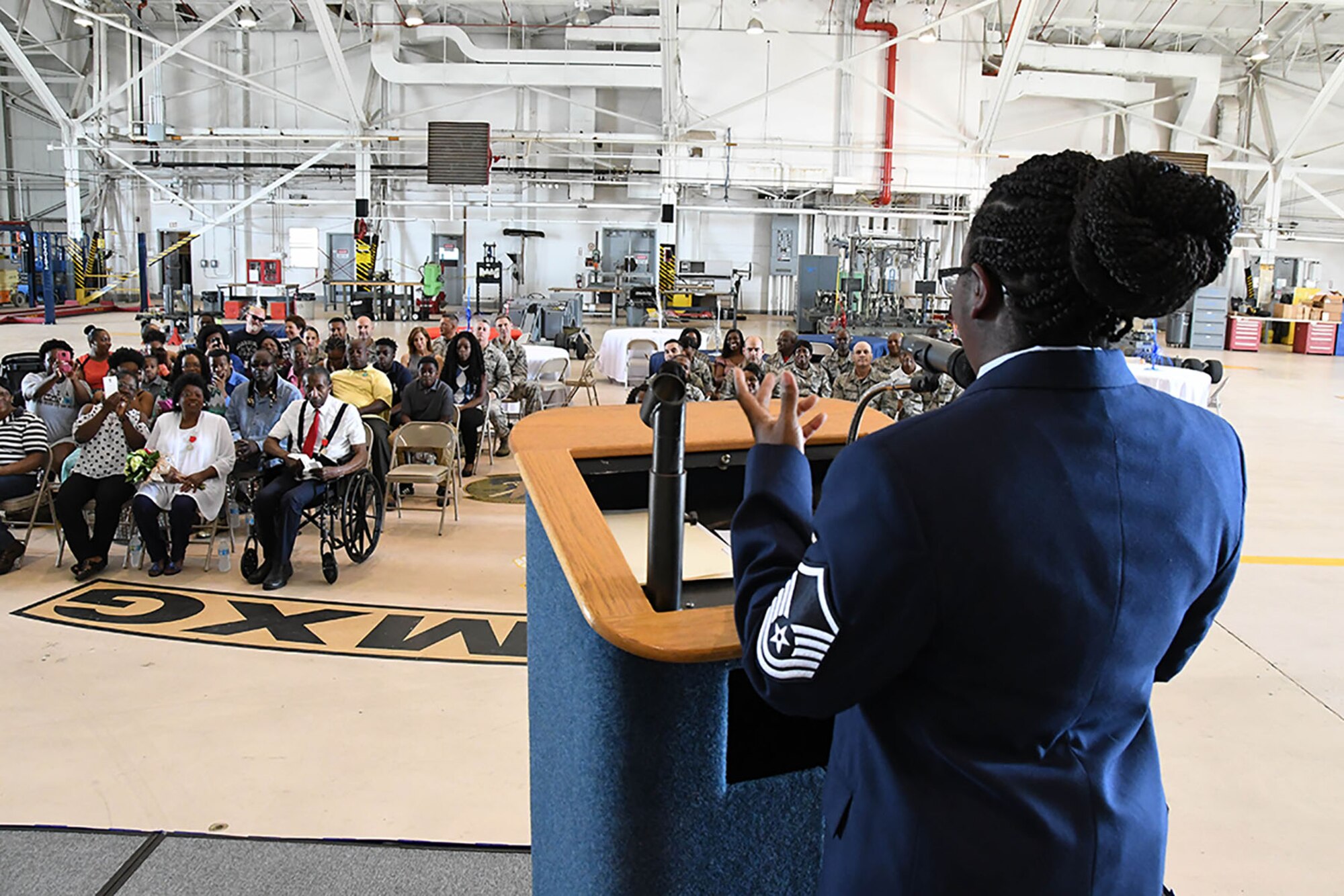 Master Sgt. Wiley Daniels, a Logistics Management Specialist assigned to the 307th Maintenance Group, expresses her gratitude for the support of her friends and family during her retirement ceremony June 3, 2017, at Barksdale Air Force Base, La.  Daniels has been the unit’s Maintenance Production Management and Operations Resources Management Technician and retires after more than 20 years of service. (U.S. Air Force photo by Staff Sgt. Callie Ware/Released)