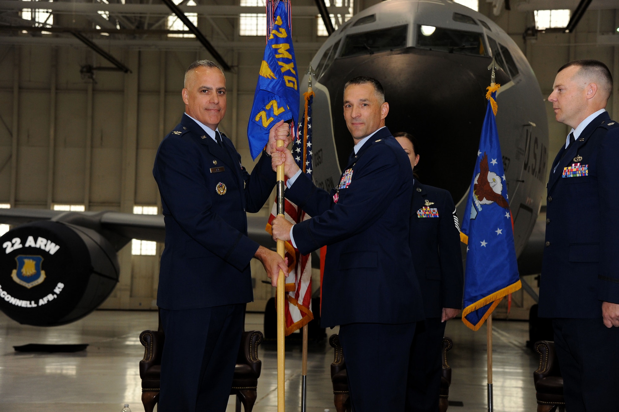 Lt. Col. Duane Richardson relinquished command of the 22nd AMXS to Lt. Col. Brian Mix. (U.S. Air Force photos/Airman 1st Class Jenna K. Caldwell)  