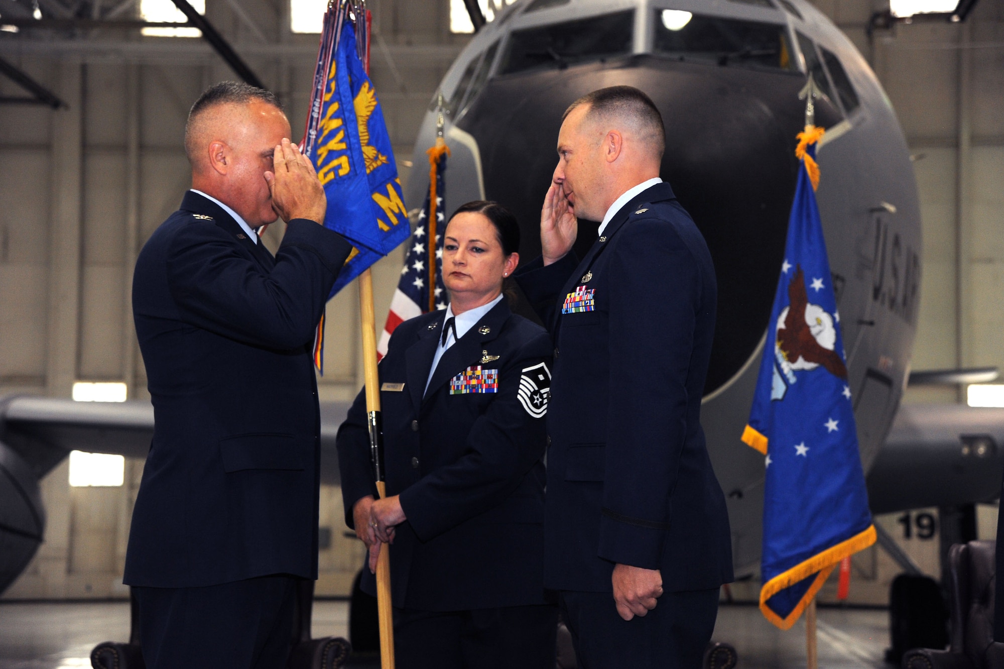 Lt. Col. Duane Richardson relinquished command of the 22nd AMXS to Lt. Col. Brian Mix. (U.S. Air Force photos/Airman 1st Class Jenna K. Caldwell)  