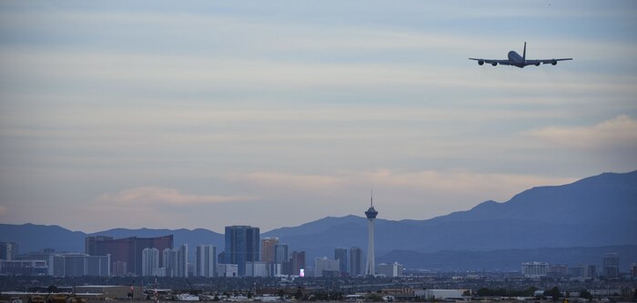 A KC-135 Statotanker from the 509th Weapons Squadron, Fairchild Air Force Base, Wash., takes off for a US Air Force Weapons School training exercise at Nellis Air Force Base, Nev., June 8, 2017. The KC-135 has provided the main aerial refueling responsibilities of the Air Force for more than 50 years. (U.S. Air Force photo by Airman 1st Class Andrew D. Sarver/Released)