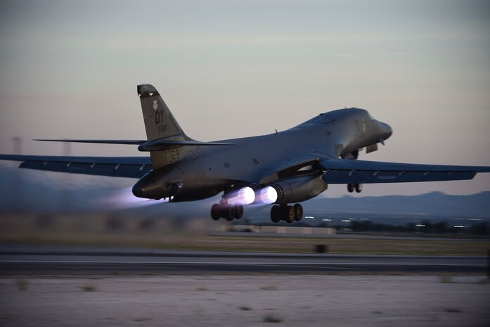 A B-1B Lancer from the 77th Weapons Squadron, Dyess Air Force Base, Tex., takes off for a US Air Force Weapons School training exercise June 8, 2017 at Nellis AFB, Nev. During the USAFWS course, students receive an average of 400 hours of graduate-level academics and participate in demanding combat training missions. (U.S. Air Force photo by Airman 1st Class Andrew D. Sarver/Released)
