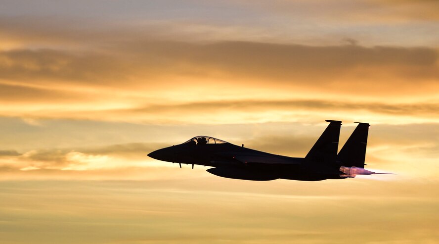 A F-15E Strike Eagle from the 17th Weapons Squadron, Nellis Air Force Base, Nev., takes off during a US Air Force Weapons School training exercise June 8, 2017. The F-15E uses two crew members, a pilot and a weapon systems officer. (U.S. Air Force photo by Airman 1st Class Andrew D. Sarver/Released)