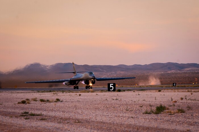 A B-1B Lancer from the 77th Weapons Squadron, Dyess Air Force Base, Texas, takes off for a United States Air Force Weapons School training exercise June 8, 2017 at Nellis AFB, Nev. During the USAFWS course, students receive an average of 400 hours of graduate-level academics and participate in demanding combat training missions. (U.S Air Force photo by Senior Airman Joshua Kleinholz)