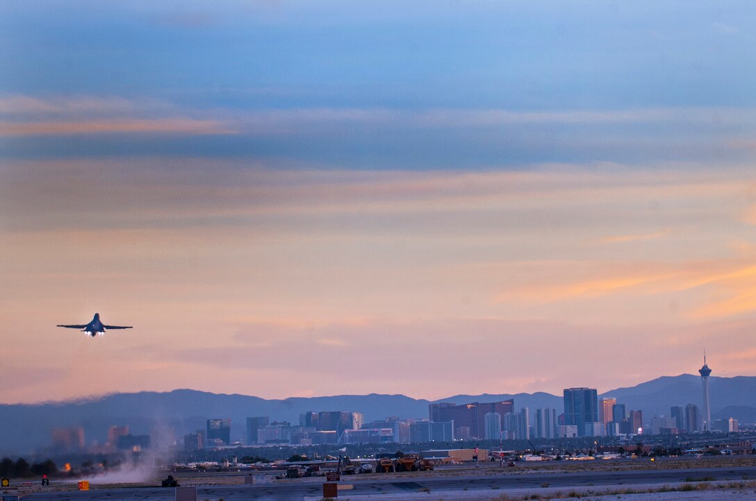 A B-1B Lancer from the 77th Weapons Squadron, Dyess Air Force Base, Texas, takes off for a US Air Force Weapons School training exercise June 8, 2017 at Nellis AFB, Nev.  Carrying the largest conventional payload of both guided and unguided weapons in the Air Force inventory, the multi-mission B-1 is the backbone of America's long-range bomber force. (U.S Air Force photo by Senior Airman Joshua Kleinholz)