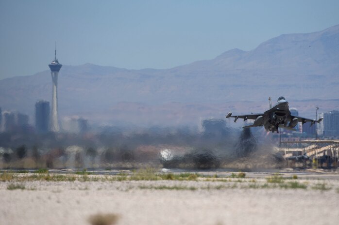 An F-16 Fighting Falcon from the 16th Weapons Squadron, Nellis Air Force Base, Nev., takes off for a US Air Force Weapons School training exercise June 13, 2017. The F-16's maneuverability and combat radius exceed that of all fighter aircraft that could pose a threat. (U.S. Air Force photo by Airman 1st Class Andrew D. Sarver/Released)