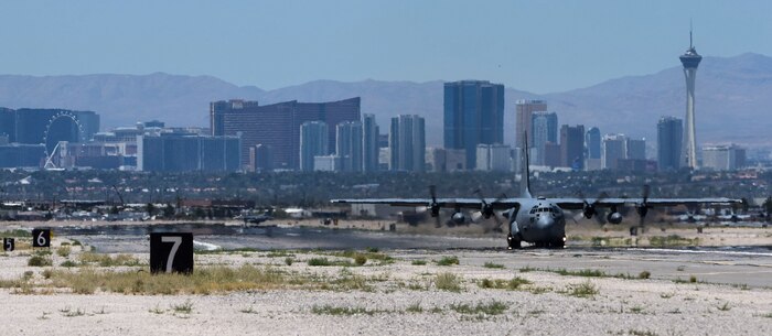 A C-130 Hercules from the 29th Weapons Squadron, Little Rock Air Force Base, Ark., prepares to take off for a United States Air Force Weapons School training exercise June 13, 2017. The C-130 is capable of operating in rough terrain and serves as the main transport for troops and equipment for any scenario. (U.S. Air Force photo by Airman 1st Class Andrew D. Sarver/Released)