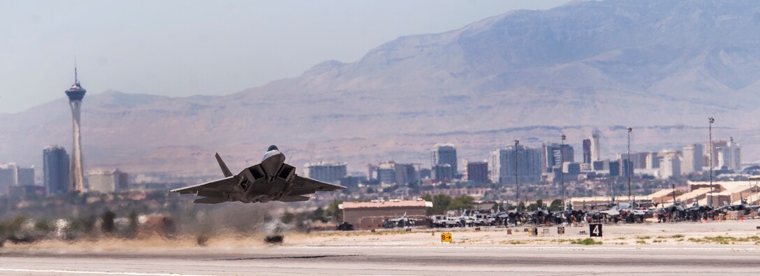 An F-22 Raptor from the 433rd Weapons Squadron, Nellis Air Force Base, Nev., takes off for a United States Air Force Weapons School training exercise June 8, 2017. Members of the Weapons School cadre have served as advisors to the other U.S. and allied military services around the world. The school also authors the Weapons Review, the Air Force's premier professional tactics publication. (U.S Air Force photo by Senior Airman Joshua Kleinholz)