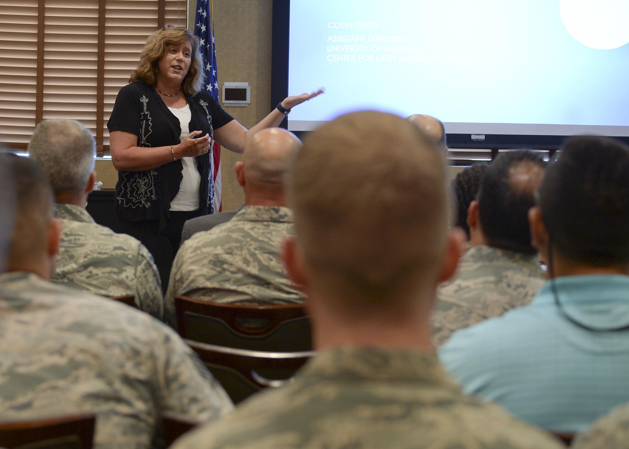 Dr. Melondy Buckner, University of Arizona South interim dean, speaks during a speaker series event at Davis-Monthan Air Force Base, Ariz., June 19, 2017, for the 12th Air Force (Air Forces Southern) Academic Outreach Program with the University of Arizona. The intent of the speaker series is to facilitate the exchange ideas between government and academic institutions while fostering collaborative discussions about global issues.  This 12th Air Force (Air Forces Southern) Academic Outreach Program is modeled after U.S Southern Command’s partnership with Florida International University. (U.S. Air Force photo by Staff Sgt. Angela Ruiz) 