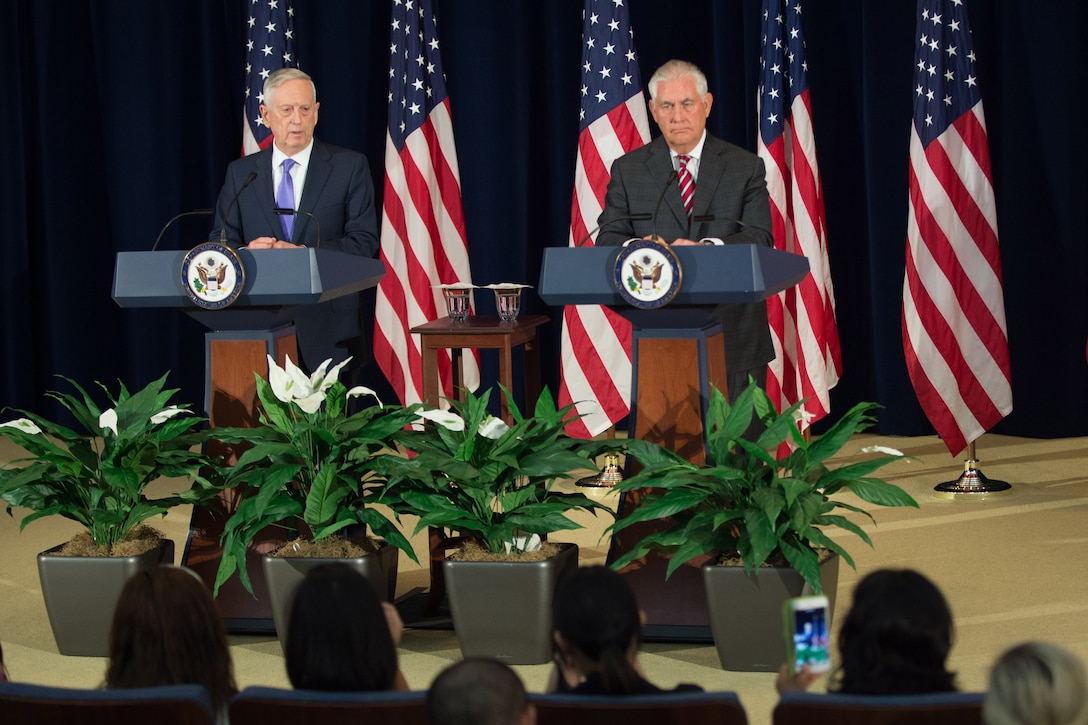 Defense Secretary Jim Mattis and Secretary of State Rex Tillerson address reporters following a U.S.-China diplomatic and security dialogue at the State Department in Washington, D.C., June 21, 2017. The dialogue is intended to broaden communication and cooperation between both countries. DoD photo by Army Sgt. Amber I. Smith