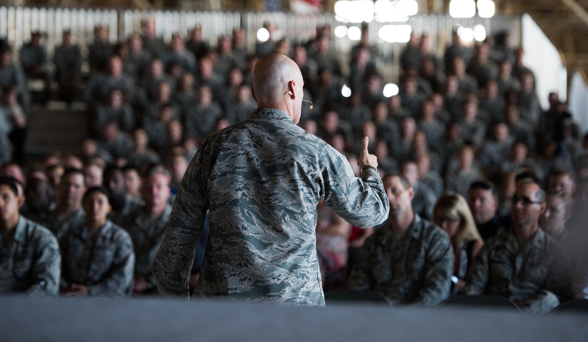 Gen. Carlton D. Everhart II, Air Mobility Command commander, talks to Team Fairchild during an All Call about Fairchild’s Omaha Trophy win for the second year in a row June 20, 2017, at Fairchild Air Force Base, Washington. Everhart also talked with Airmen about retention, facility upgrades and asked Airmen to share their concerns openly with leadership, stating that communication from all levels was necessary to best address the needs of base, the Airmen and the Air Force. (U.S. Air Force photo/Senior Airman Sean Campbell)