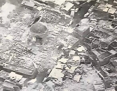 The aftermath of an ISIS atrocity destroying the al Nuri mosque in Mosul, Iraq.