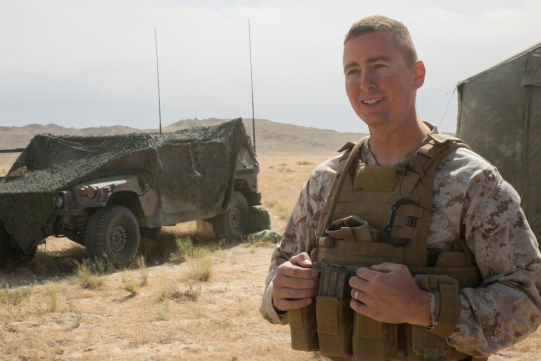 Marine Corps Staff Sgt. Travis J. Zurick, the field artillery chief for Battery D, 2nd Battalion, 14th Marines Regiment, 4th Marine Division, Marine Forces Reserve, attends his unit annual training at Dugway Proving Grounds, Utah, June 12, 2017. During the training, the unit conducted multiple operations and evaluated qualification exercises. Marine Corps photo by Sgt. Ian Ferro