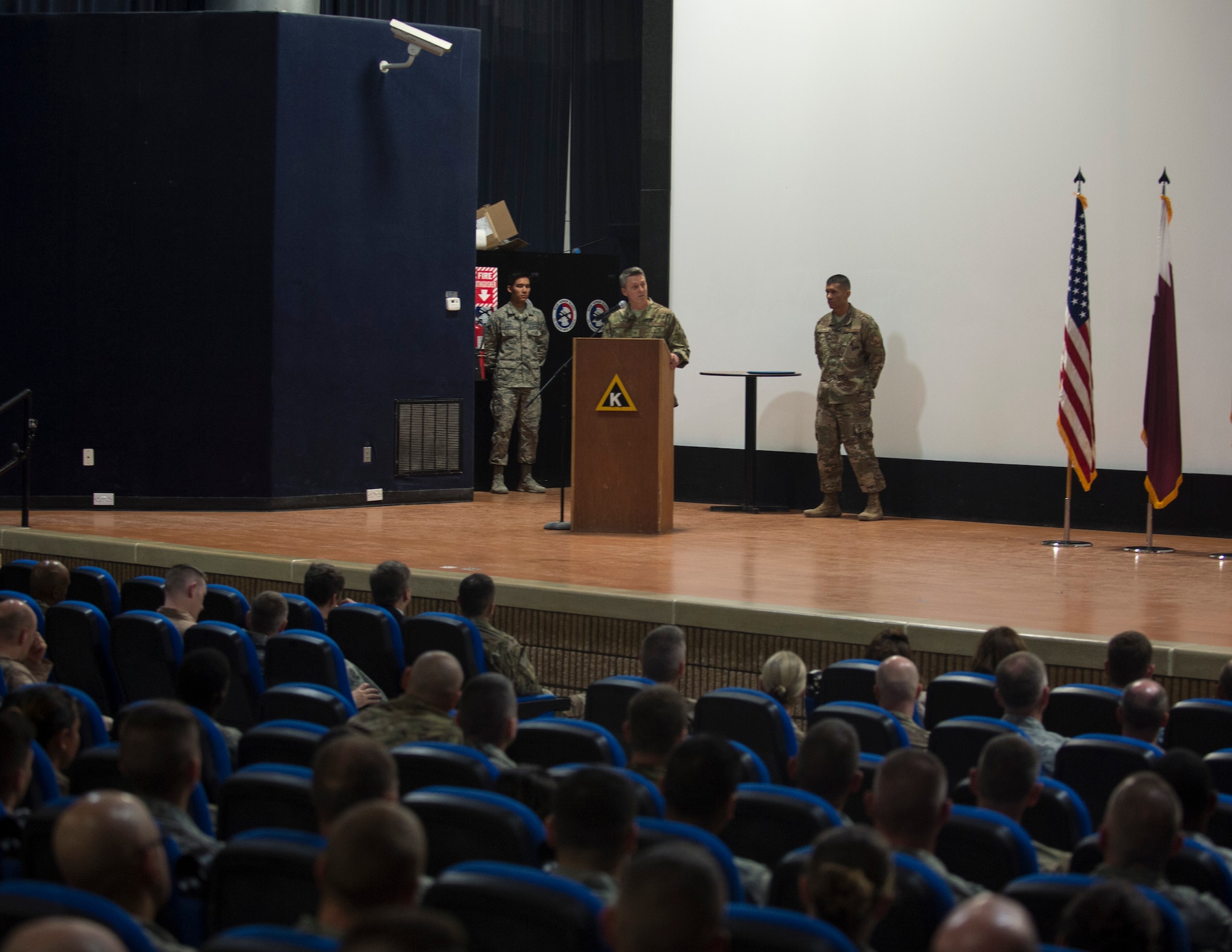 U.S. Air Force Brig. Gen. Jason Armagost speaks to the Airmen of the 379th Air Expeditionary Wing and guests for the first time as wing commander at Al Udeid Air Base, Qatar, June 12, 2017. Armagost received command of the 379th AEW after serving the last year as the Deputy Director of Current Operations at U.S. Strategic Command. (U.S. Air Force photo by Tech. Sgt. Amy M. Lovgren)