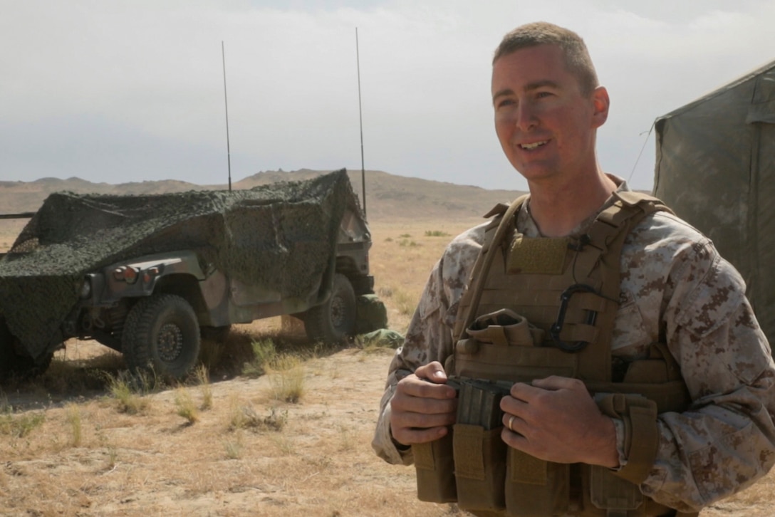 Marine Corps Staff Sgt. Travis J. Zurick, the field artillery chief for Battery D, 2nd Battalion, 14th Marines Regiment, 4th Marine Division, Marine Forces Reserve, attends his unit annual training at Dugway Proving Grounds, Utah, June 12, 2017. During the training, the unit conducted multiple operations and evaluated qualification exercises. Marine Corps photo by Sgt. Ian Ferro