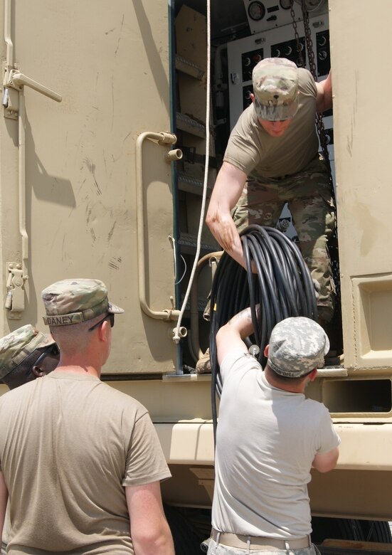 The water purification specialist team from the 543rd Composite Supply Company, from Fort Drum, New York, sets up operations in the 5K Reverse Osmosis Water Purification Unit at the ROWPU Rodeo at Fort Story, Virginia, June 12, 2017.