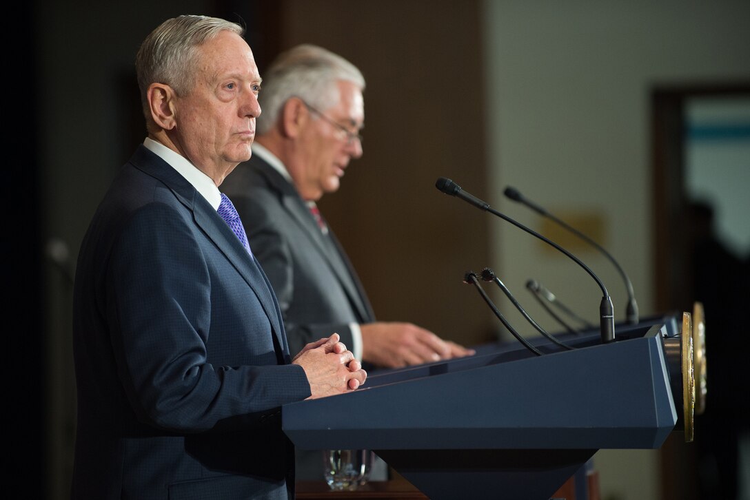 Defense Secretary Jim Mattis and Secretary of State Rex Tillerson address reporters following a U.S.-China diplomatic and security dialogue at the State Department in Washington, D.C., June 21, 2017. The dialogue is intended to broaden communication and cooperation between both countries. DoD photo by Army Sgt. Amber I. Smith