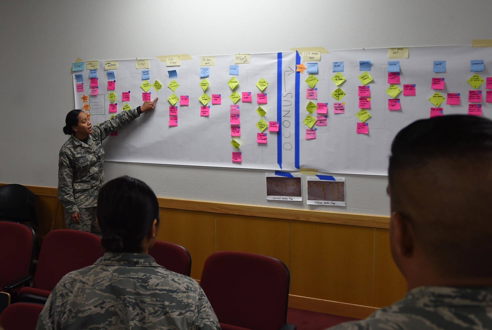 U.S. Air Force Staff Sgt. Desirae Faasavalu, 7th Force Support Squadron, career development supervisor, explains the improved outbound assignments process May 31, 2017, at Dyess Air Force Base, Texas. The updates to the manpower section of 7FSS is a part of the Continuous Process Improvement program being implemented at Dyess and across Air Force Global Strike Command as a whole. (U.S. Air Force photo by Senior Airman Alexander Guerrero)